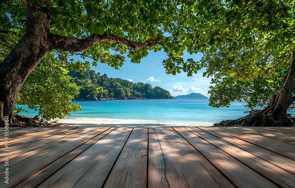 Poster tranquil beach view framed by lush trees and wooden deck inviting relaxation and escape : generative