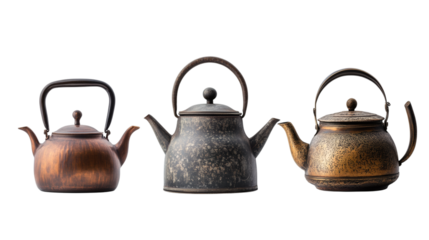 Set collection of beautiful vintage tea kettle pots isolated on white background