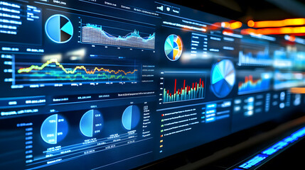 Close-up of a large screen displaying a multitude of dynamic graphs, charts, and data visualizations, showcasing real-time financial market data and business analytics.