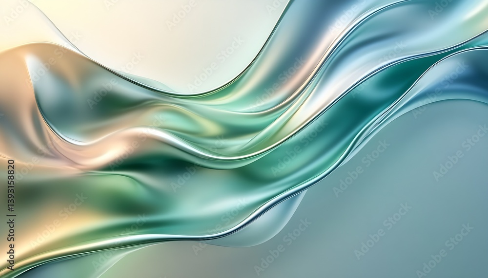 Poster Smooth flowing abstract waves with a shiny iridescent appearance in subtle colors : Generative AI