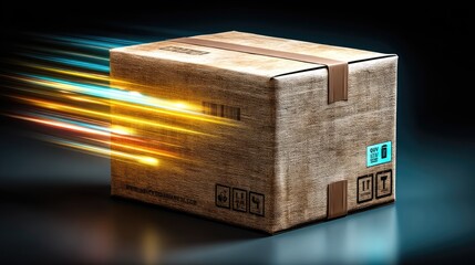 Fast-moving package surrounded by glowing data points illustrates AI-driven logistics in a dynamic global delivery network