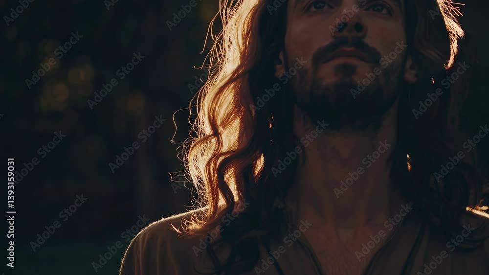 Poster backlit video scene of a person in a forest, captured from a low angle, creating a mystical, etherea