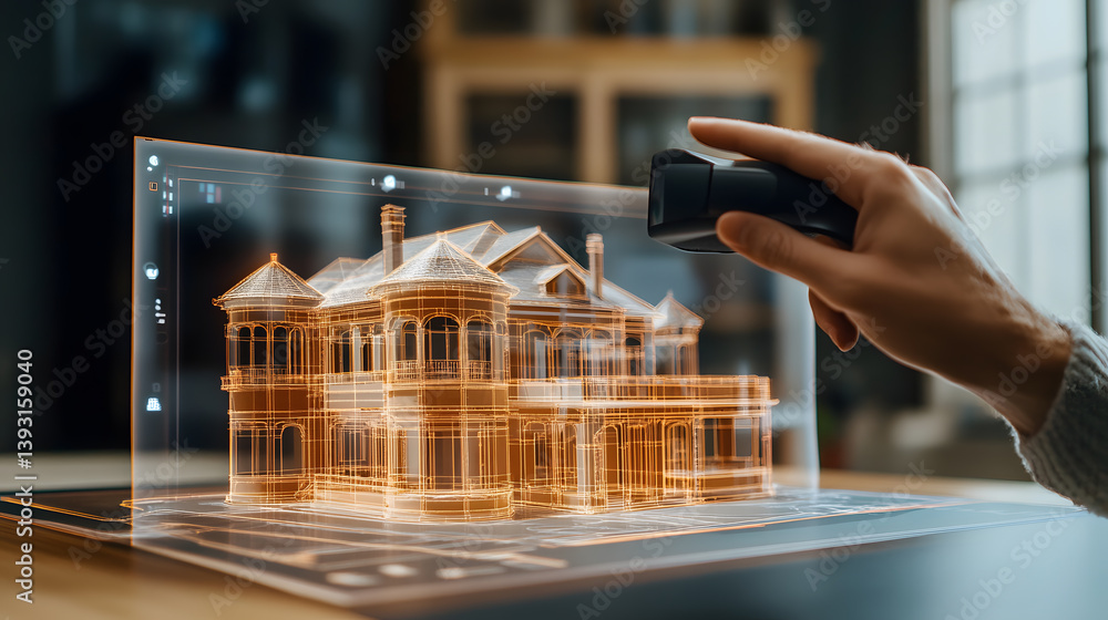 Aufkleber a hand interacts with a holographic 3d model of a house displayed on a futuristic device. the wirefr