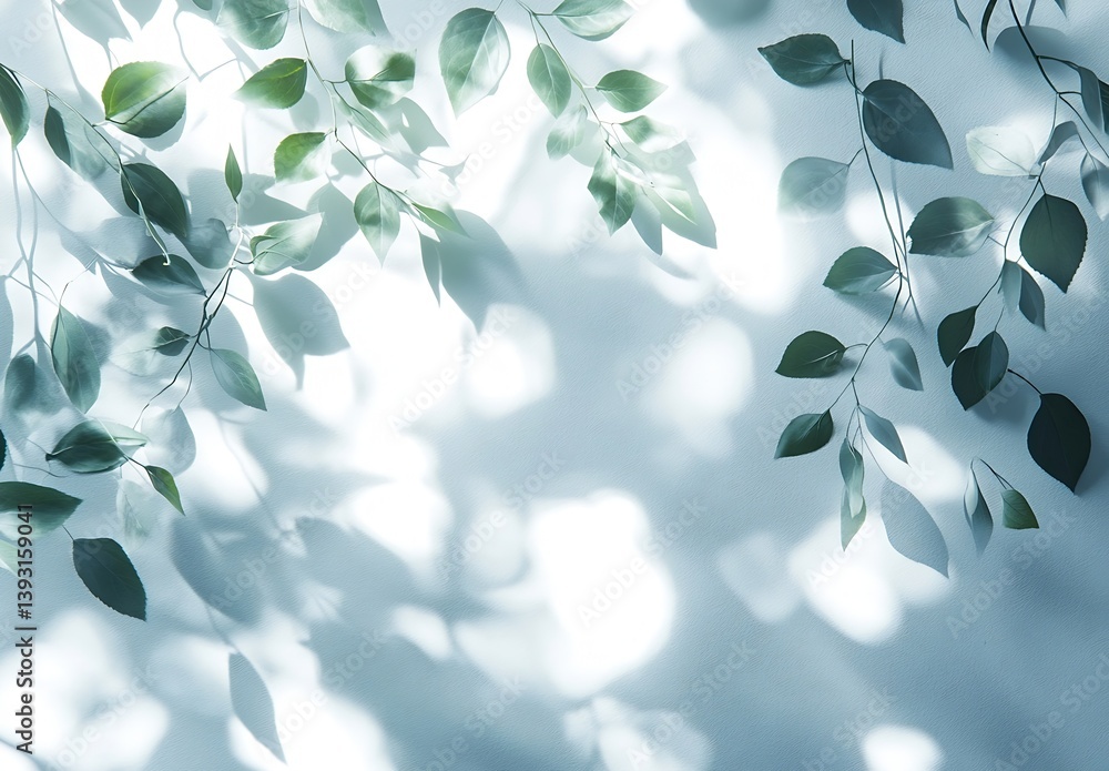 Poster abstract nature background of green leaves and sunlit shadows on white wall refreshing botanical the