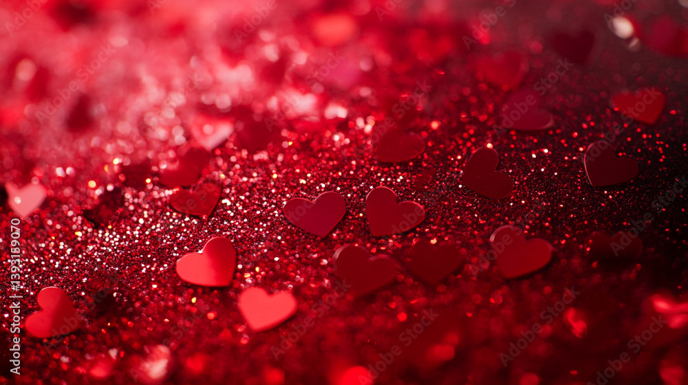 Poster a scattered array of red heart shaped confetti on a shimmering red glittery surface background desig