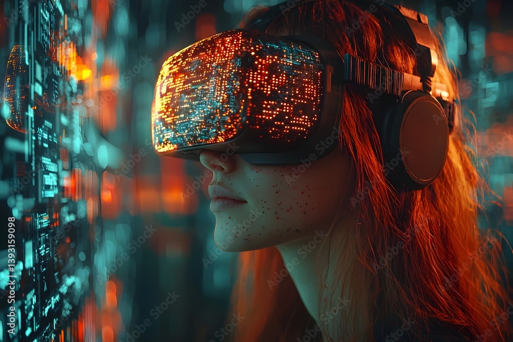 Poster hacker immersed in a virtual reality world of shifting data and surreal holographic landscapes