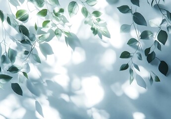Abstract Nature Background of Green Leaves and Sunlit Shadows on White Wall Refreshing Botanical Theme and Natural Light Aesthetic Design : Generative AI