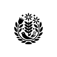 Black & White Folk Art Bird and Floral Crest