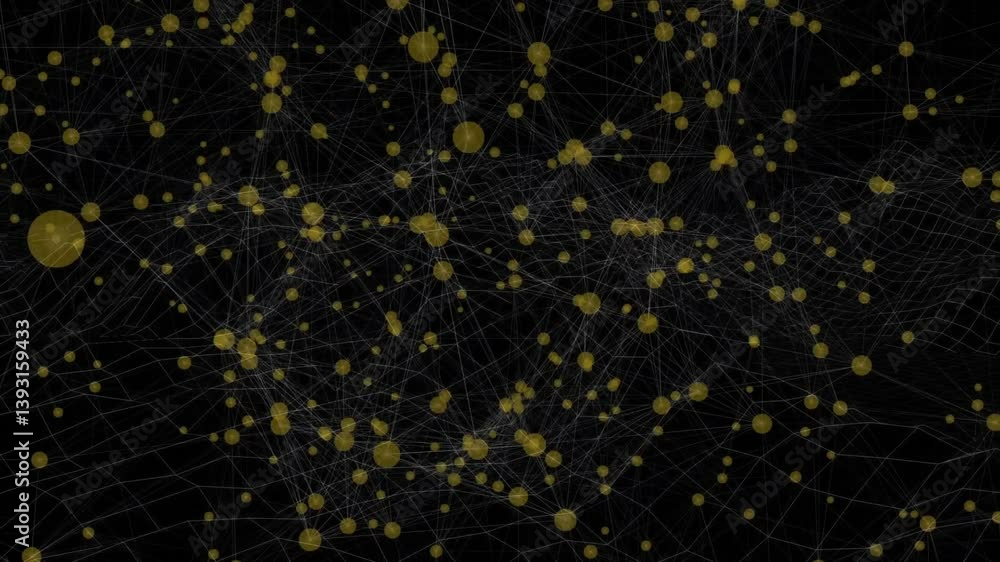 Poster animation of yellow nodes connecting by web of lines on black background