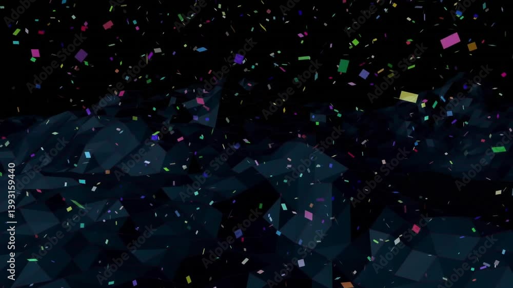Aufkleber animation of colorful confetti falling over dark geometric shapes and patterns