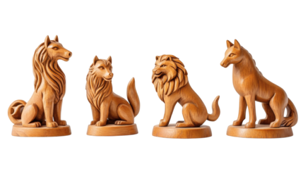 Set collection of decorative wooden statues horse, lion, fox and wolf isolated on white background