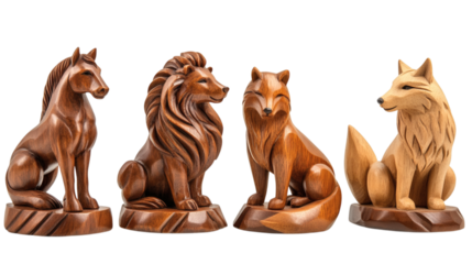 Set collection of decorative wooden statues horse, lion, fox and wolf isolated on white background