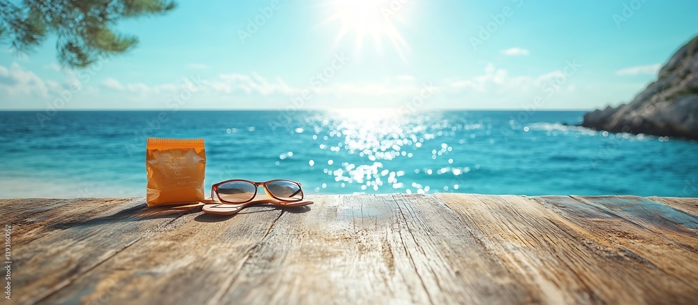 Poster summer vacation scene with sunglasses and orange package on wood table. relaxing beach view with spa