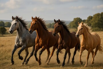 Obraz premium Majestic Horses Running Freely Across an Open Field During Golden Hour