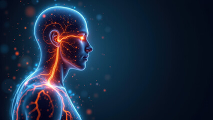 Illustration of a human head with highlighted vns, vagus nerve stimulation, showing brain activity and nerves.