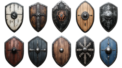 Set collection of old classic warrior shields isolated on white background