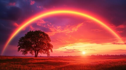 Dramatic sunset with rainbow and lone tree