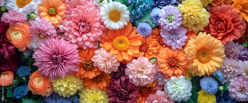 Poster Vibrant Array of Colorful Dahlia Flowers in Full Bloom A Perfect Floral Background for Summer and Spring Themes : Generative AI