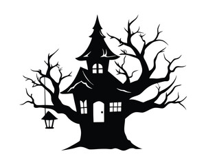  Halloween tree house vector silhouette on white background