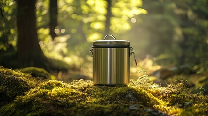 Bear-proof food canister on forest floor during wilderness camping in a green, sunlit environment