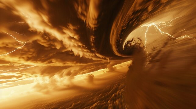 Cinematic close up of the tornados core showing rotating debris lightning bolts and powerful winds in motion