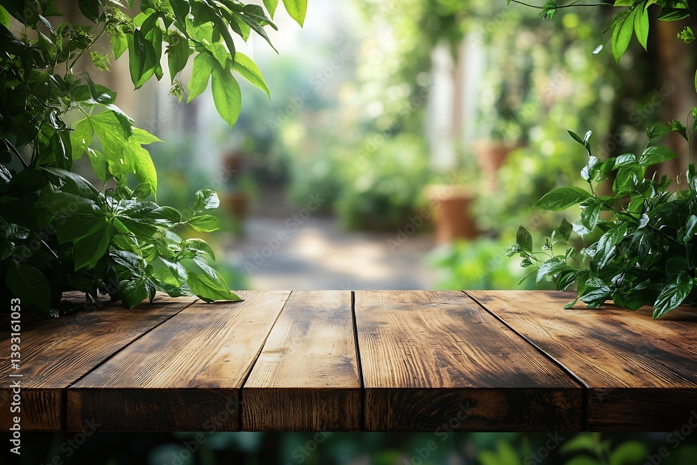 Poster wooden table with greenery in garden setting a nature filled backdrop for outdoor living and product