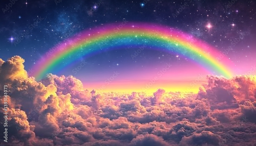 Leinwandbilder enchanting view of a rainbow over soft clouds with a magical twilight glow : generative ai