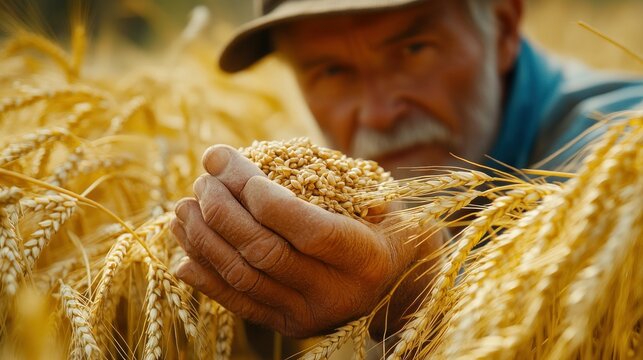 Elderly farmer examines wheat grain harvest.  Close-up of hands holding grains.  Golden wheat field