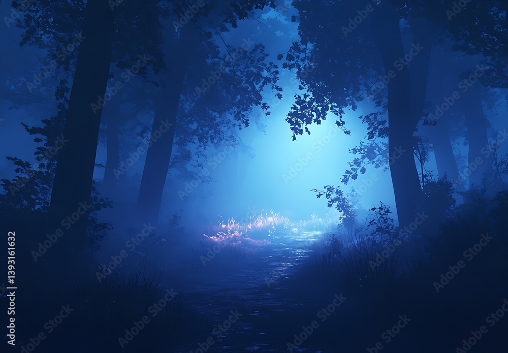 Poster Surreal foggy forest path illuminated by a mysterious blue light creating an ethereal atmosphere for photographs : Generative AI