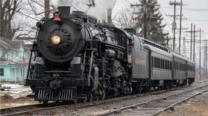 Naklejka premium Black armored train seen passing through an industrial area, alongside parked cargo cars transporting vehicles and trucks
