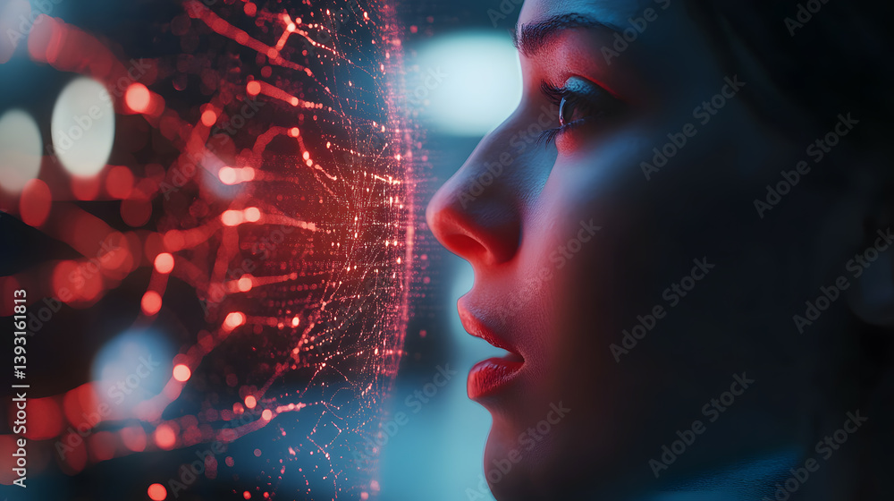 Poster a woman's profile is illuminated by vibrant red and blue light, seemingly interacting with a complex