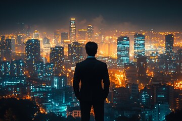 Naklejka na ściany i meble Contemplative Businessman Silhouette Overlooking Futuristic City Skyline at Night Modern Urban Leadership and Vision Concept : Generative AI