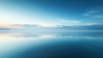 Obraz premium Calm lake reflecting blue sky under soft clouds during early morning light