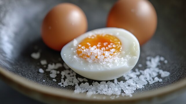 Boiled egg garnished with sea salt alongside whole eggs in a casual kitchen setting