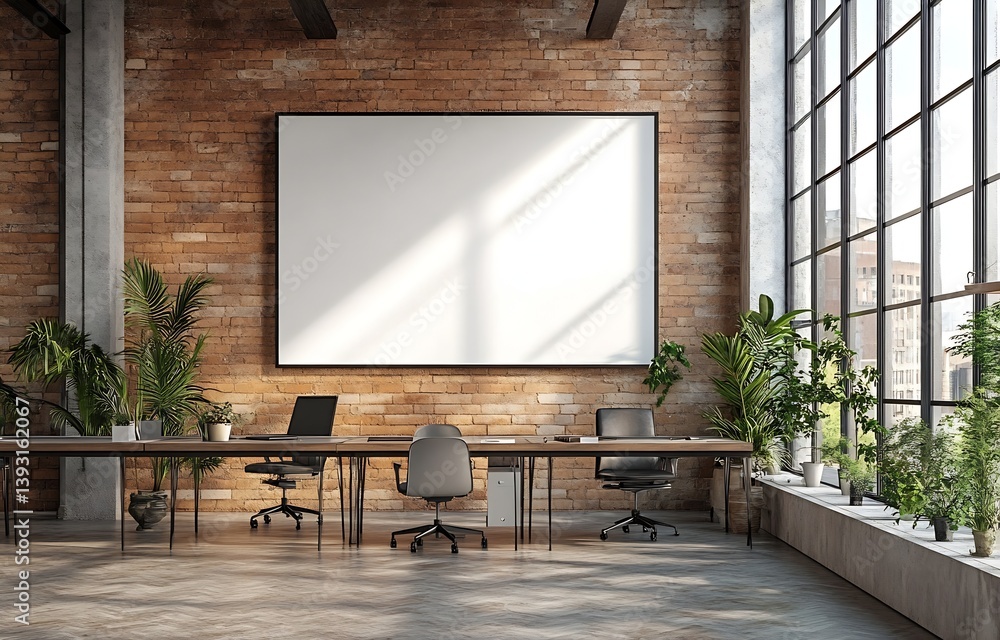 Poster modern office interior with blank white board and brick wall workspace with plants and large windows