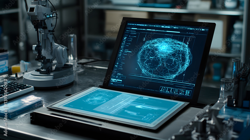 Poster a futuristic lab scene with a robotic arm, laptop displaying a 3d neural network, and a tablet showi