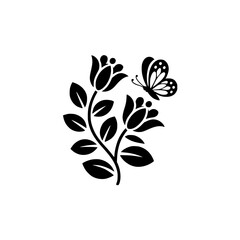 Minimalist Floral Butterfly Design: Black & White Vector Art