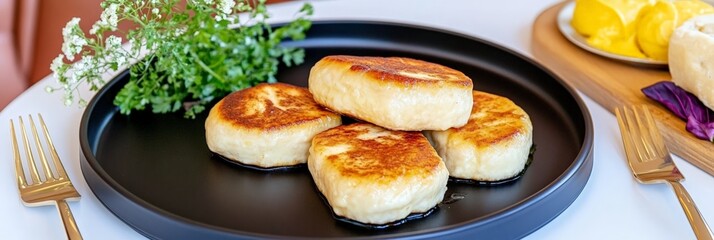 Golden cheese pancakes served with herbs highlight food aesthetic, aesthetic setup with stylish cutlery, aesthetic look perfect for gourmet branding.
