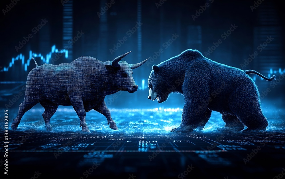 Poster bull and bear confrontation on digital stock market chart background finance and investment concepts