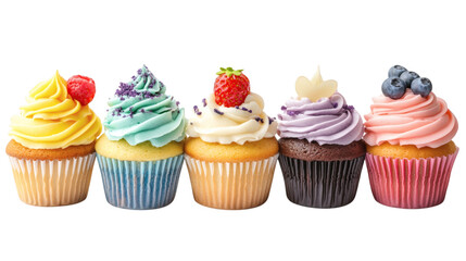 Set of delicious colorful different flavors cupcakes isolated on white background