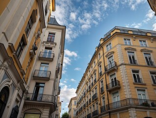 Vibrant Urban Street Scene with Elegant Yellow Buildings Featuring Ornate Balconies and Windows, Set Against a Bright Blue Sky with Scattered Clouds, Ideal for Cityscape, Travel, and Architecture