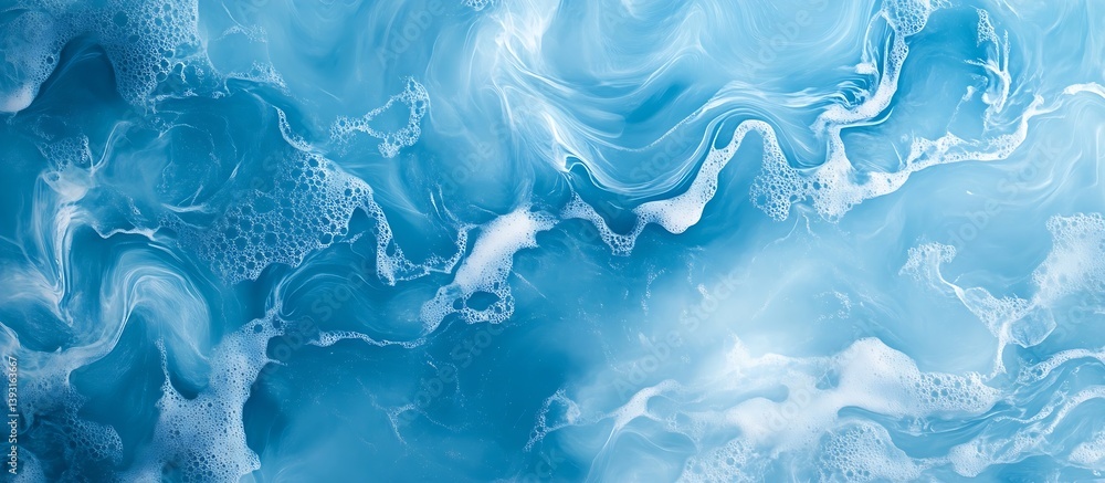 Poster Abstract Blue Water Texture Swirls and Bubbles Natural Pattern Fluid Dynamic Ocean Surface Refreshing Backdrop : Generative AI