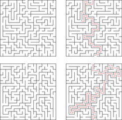 Square Maze Puzzle Collection With Solution Path Shown In Red Dotted Line