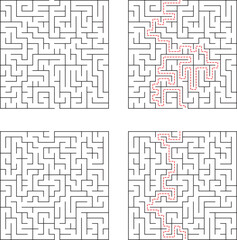 Four Square Maze Labyrinth Puzzle With Solution Path Shown In Red Dotted Line