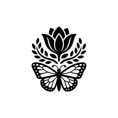 Black & White Butterfly, Lotus and Foliage Design - Elegant Minimalist Logo