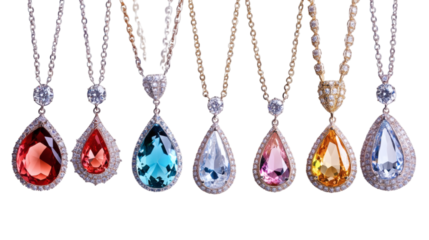 Set of expensive diamond plated stone necklaces collection isolated on white background