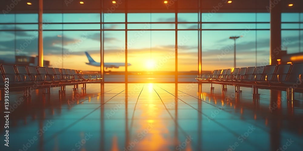 Poster airport terminal at sunset with airplane on runway through window travel destination and aviation th