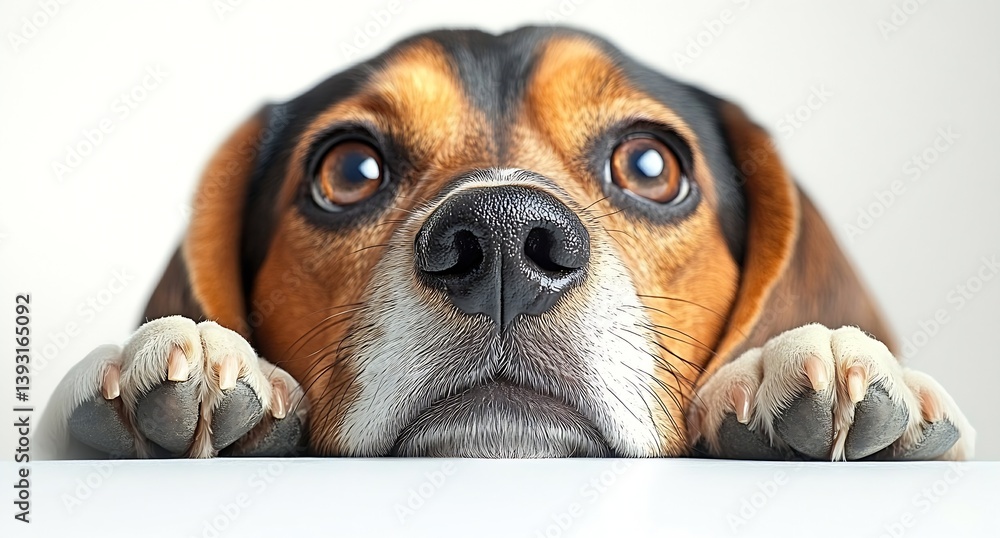 Poster closeup portrait of an adorable beagle puppy resting its chin on a white surface : generative ai