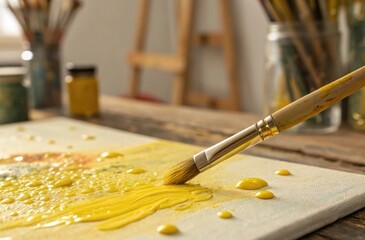 Vibrant Yellow Paint Splashes on Canvas with Brush Creating Artistic Expression in Cozy Studio Setting