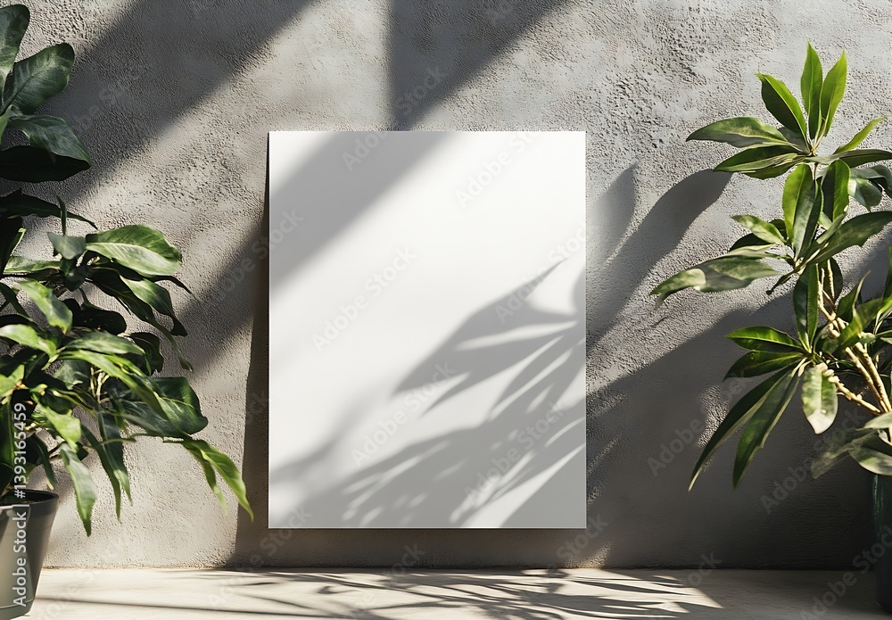Poster blank white canvas on concrete wall with green plants and shadow overlay modern art mock up with nat